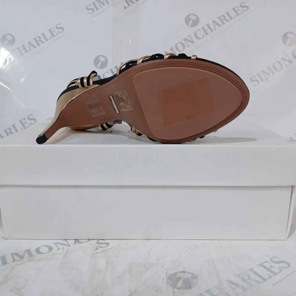 BOXED PAIR OF REISS CASSIDY STRAPPY HEELS IN BLACK/GOLD SIZE 5