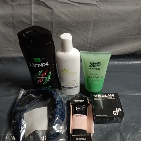 APPROXIMATELY 20 HEALTH AND BEAUTY PRODUCTS TO INCLUDE CUCUMBER FACIAL WASH, LYNX AFRICA SHOWER GEL AND SHEGLAM BAKED GLOW SETTING POWDER