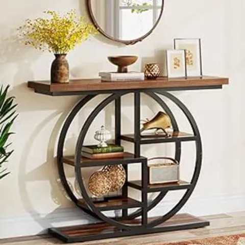 BOXED TRIBESIGNS 105 CM INDUSTRIAL 6-TIER CONSOLE TABLE ENTRYWAY TABLE WITH CIRCLE BASE, RUSTIC BROWN