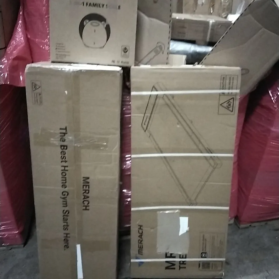 PALLET OF ASSORTED PRODUCTS AND HOUSEHOLD GOODS TO INCLUDE;3 IN 1 FAMILY SCALE,TREADMILL,EXERCISE BIKE