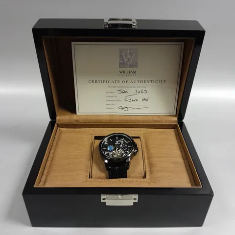 MENS WILLIAM JOURDAIN AUTOMATIC 2580 WATCH β OPEN HEART MOVEMENT WITH SUB DIALS β GLASS EXHIBITION BACK CASE β BLACK GENUINE LEATHER STRAP