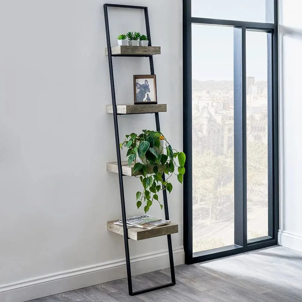 BOXED JERSEY CONCRETE EFFECT WOOD VENEER AND BLACK METAL 4 SHELF UNIT (1 BOX)