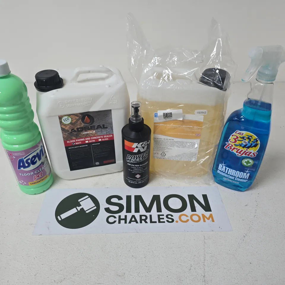 APPROXIMATELY 5 ASSORTED LARGE LIQUIDS TO INCLUDE CONCENTRATED ULTRASONIC SOLUTION, ADSEAL BLOCK PAVING AND CONCRETE SEALER, ASEVI FLOOR CLEANER, ETC