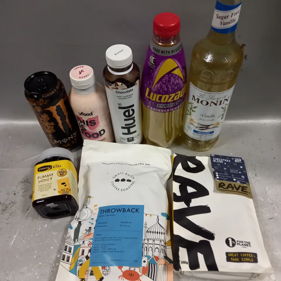 APPROXIMATELY 15 ASSORTED FOOD/DRINK PRODUCTS TO INCLUDE RAVE COFFEE, HUEL COMPLETE MEAL DRINKS, YUMMY HONEY ETC - COLLECTION ONLY 