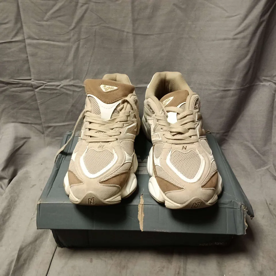BOXED PAIR OF NEW BALANCE 9060 TRAINERS IN BROWN- UK 8.5