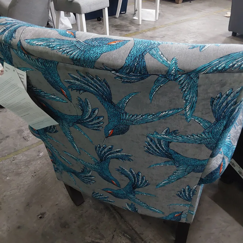 QUALITY BRITISH DESIGNER LOUNGE Co. EASY CHAIR BLUE BIRDS OF PARADISE FABRIC