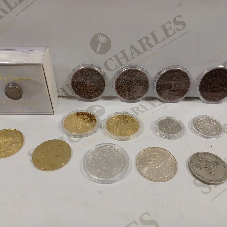 LOT TO CONTAIN APPROX. 14 X ASSORTED COLLECTORS COINS 7 MEDALS. DESIGNS VARY.