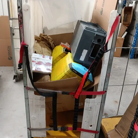 CAGE OF ASSORTED HOUSEHOLD ITEMS.