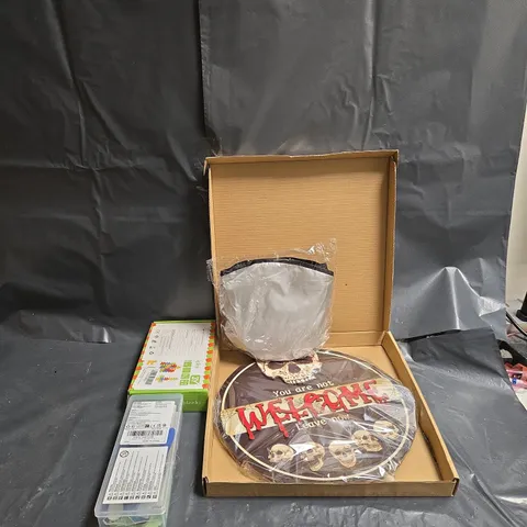 APPROXIMATELY 15 ASSORTED ITEMS TO INCLUDE HALLOWEEN SIGN, TOOL KIT, BALANCE VILLAIN BLOCKS, ETC