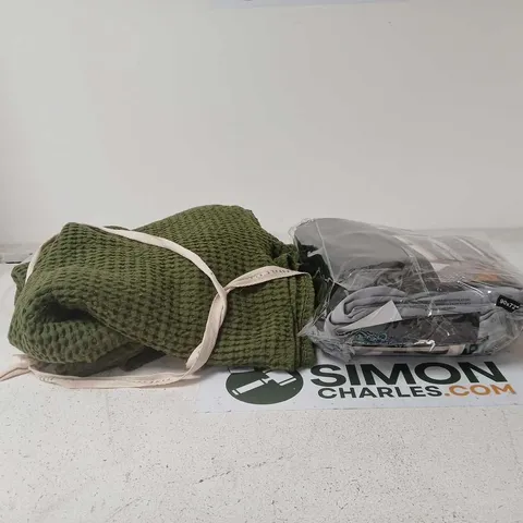 BOX OF APPROXIMATELY 8 ASSORTED HOUSEHOLD ITEMS TO INCLUDE ECO BLACK OUT THERMAL EYELET CURTAINS, PINEAPPLE ELEPHANT GREEN THROW ETC