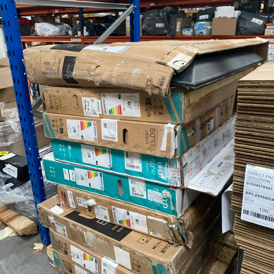 PALLET OF 9 ASSORTED FAULTY/DAMAGED TELEVISIONS TO INCLUDE: HISENSE 55”, HISENSE 50” ETC