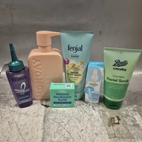 APPROXIMATELY 20 HEALTH AND BEAUTY PRODUCTS TO INCLUDE FENJAL CRΓME BODY WASH, MONDAY CONDITIONER AND WILD NATURAL DEODORANT REFILL