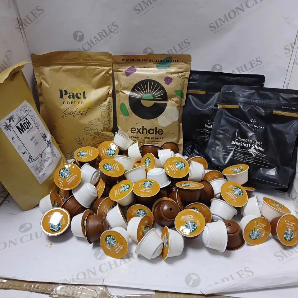 LOT OF ASSORTED COFFEE & SPICE ITEMS TO INCLUDE EXHALE ORGANIC HOUSE ROAST (450g), LARGE QUANTITY OF STARBUCKS CARAMEL MACCHIATO PODS, MQH ORGANIC THYME (500g), ETC