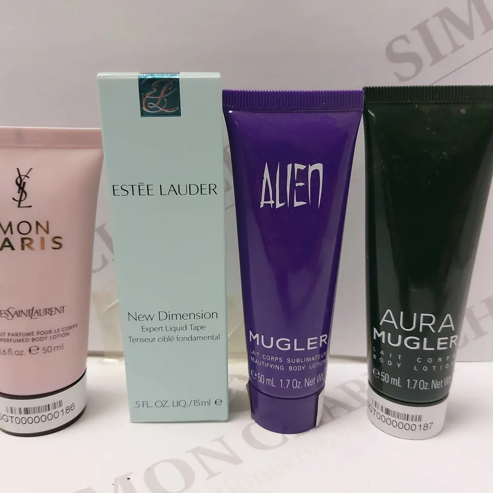 BOX OF APPROX 10 ITEMS TO INCLUDE MUGLER ALIEN BODY LOTION (50ML), ESTEE LAUDER NEW DIMENSION LIQUID TAPE (15ML) AND YVES SAINT LAURENT MON PARIS BODY LOTION (50ML)