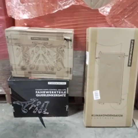 PALLET OF ASSORTED HOUSEHOLD GOODS AND PRODUCTS TO INCLUDE; CHASSIS PARTS CONTROL ARM KITS,CONDENSER