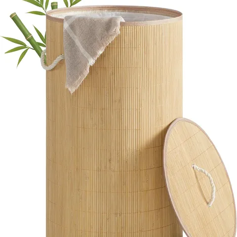 BOXED SONGMICS LAUNDRY BASKET WITH LID, 90 L BAMBOO STORAGE BASKET - NATURAL