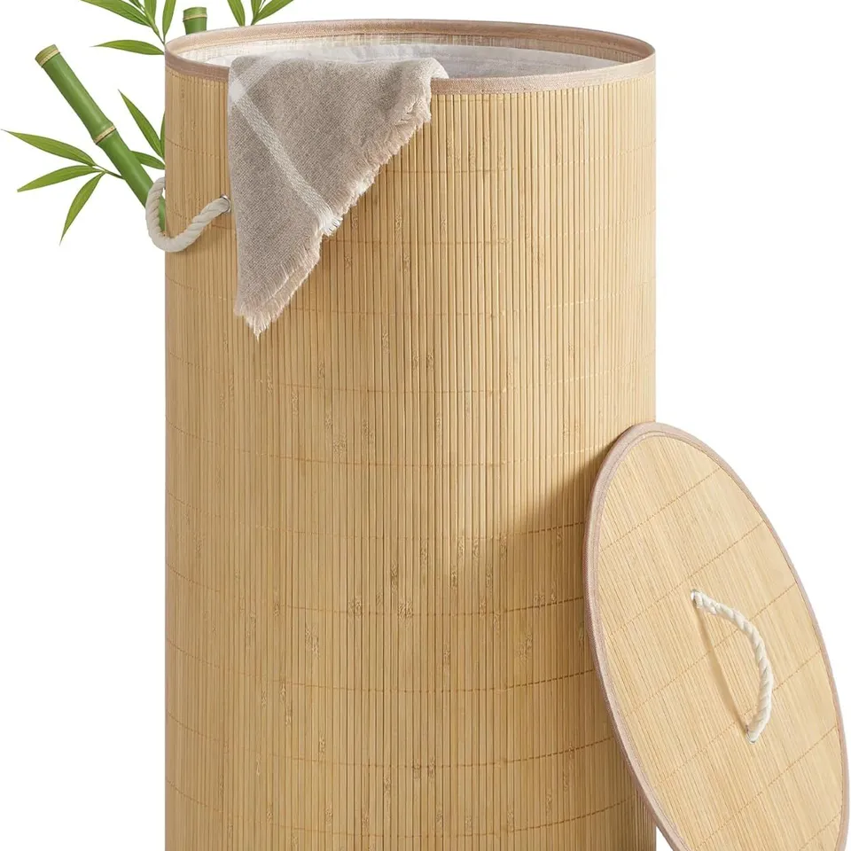 BOXED SONGMICS LAUNDRY BASKET WITH LID, 90 L BAMBOO STORAGE BASKET - NATURAL
