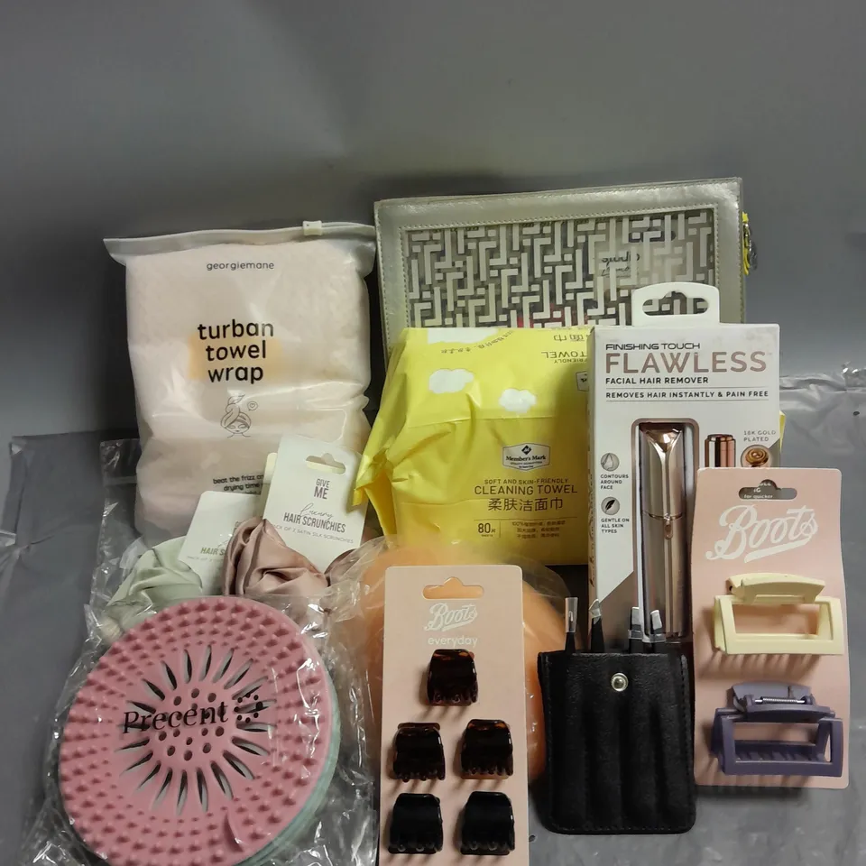 BOX OF APPROXIMATELY 10 COSMETIC ITEMS TO INCLUDE - GEORGIEMANE TURBAN TOWEL WRAP - FINISHING TOUCH FLAWLESS FACIAL HAIR REMOVER - GIVE ME HAIR SCRUNCHIES - ETC
