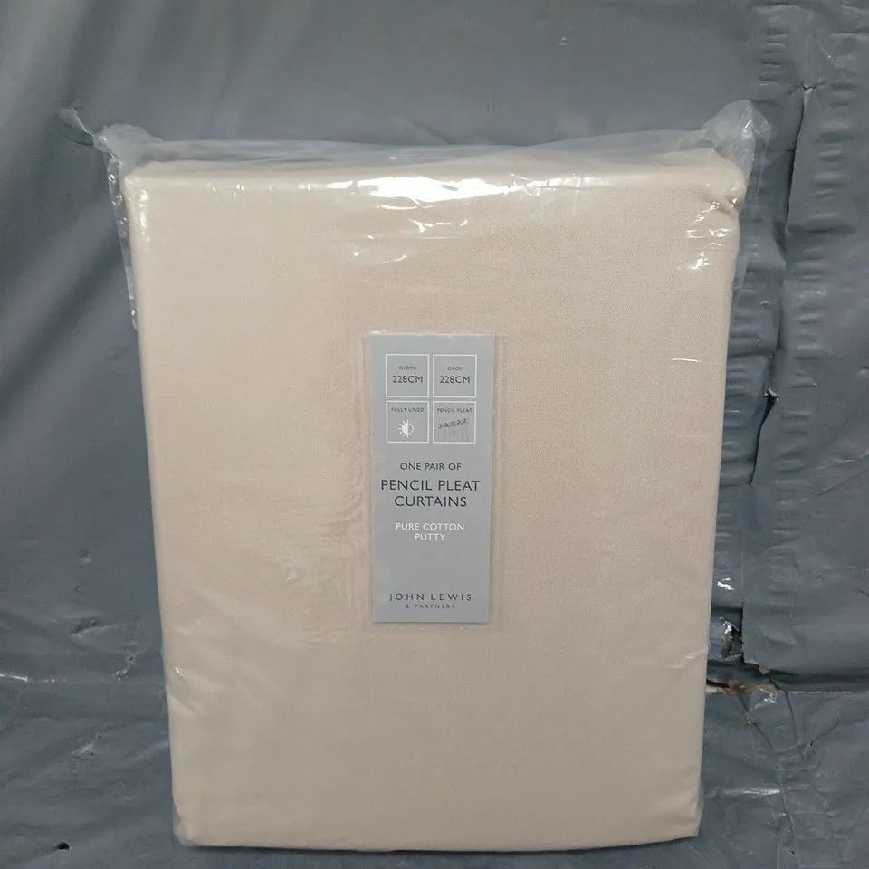 SEALED JOHN LEWIS PENCIL PLEAT CURTAINS PUTTY 228CM X 228CM 
