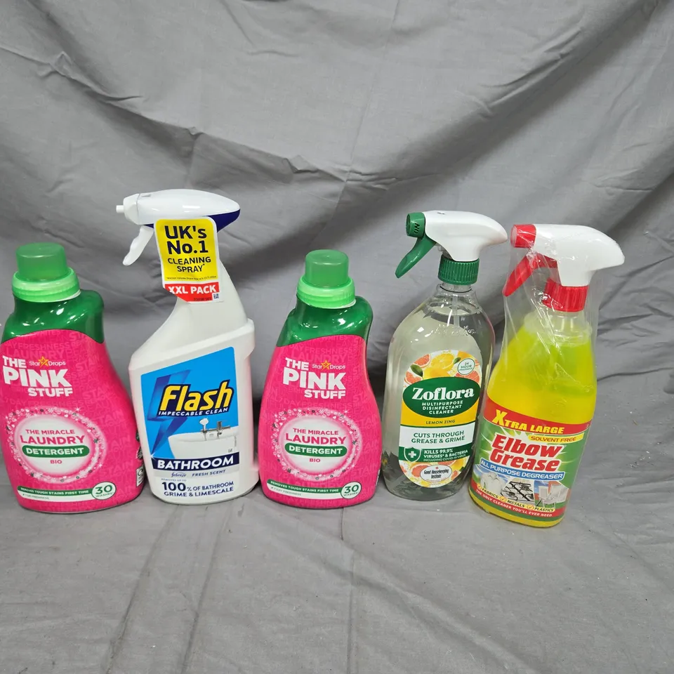 LOT OF 5 HOUSEHOLD LIQUIDS TO INCLUDE THE PINK STUFF LAUNDRY DETERGENT, FLASH BATHROOM CLEANER AND ZOFLORA MULTIPURPOSE DISINFECTANT CLEANER
