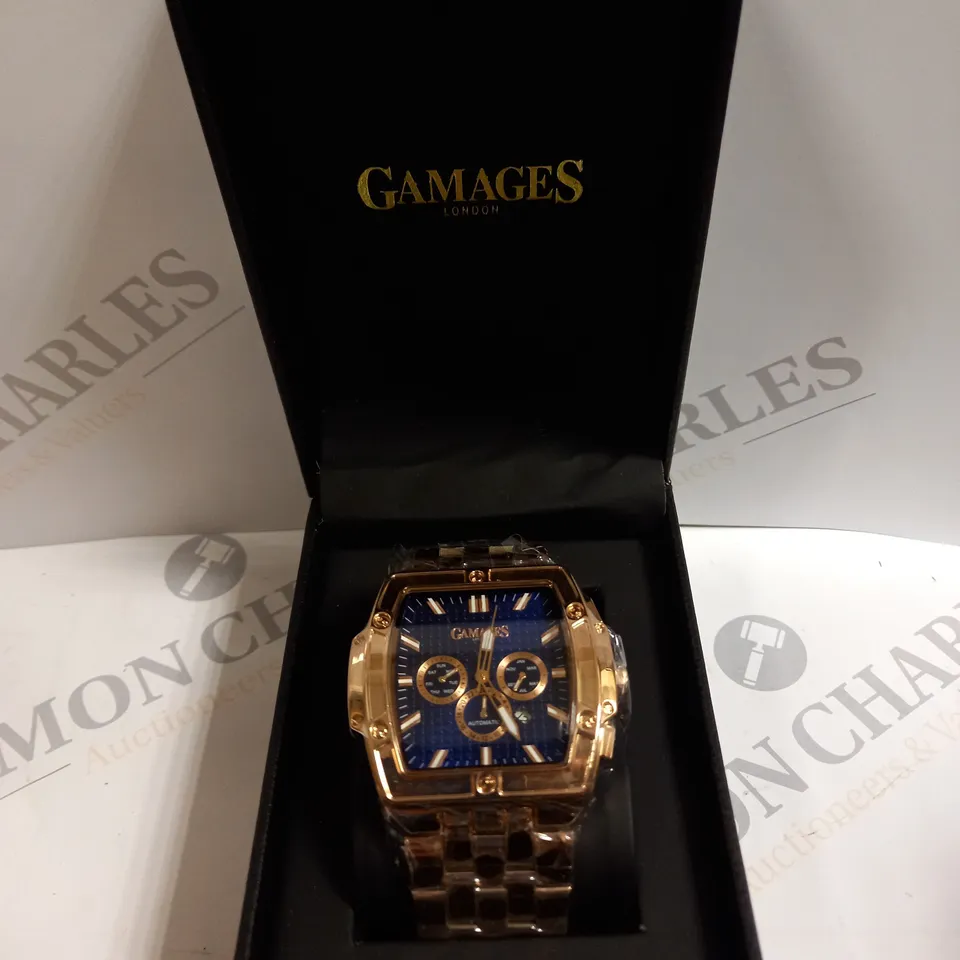 BOXED GAMAGES LONDON MAGNITUDE ROSE GOLD BLUE DIAL STAINLESS STEEL CHAIN LINK STRAP WATCH 