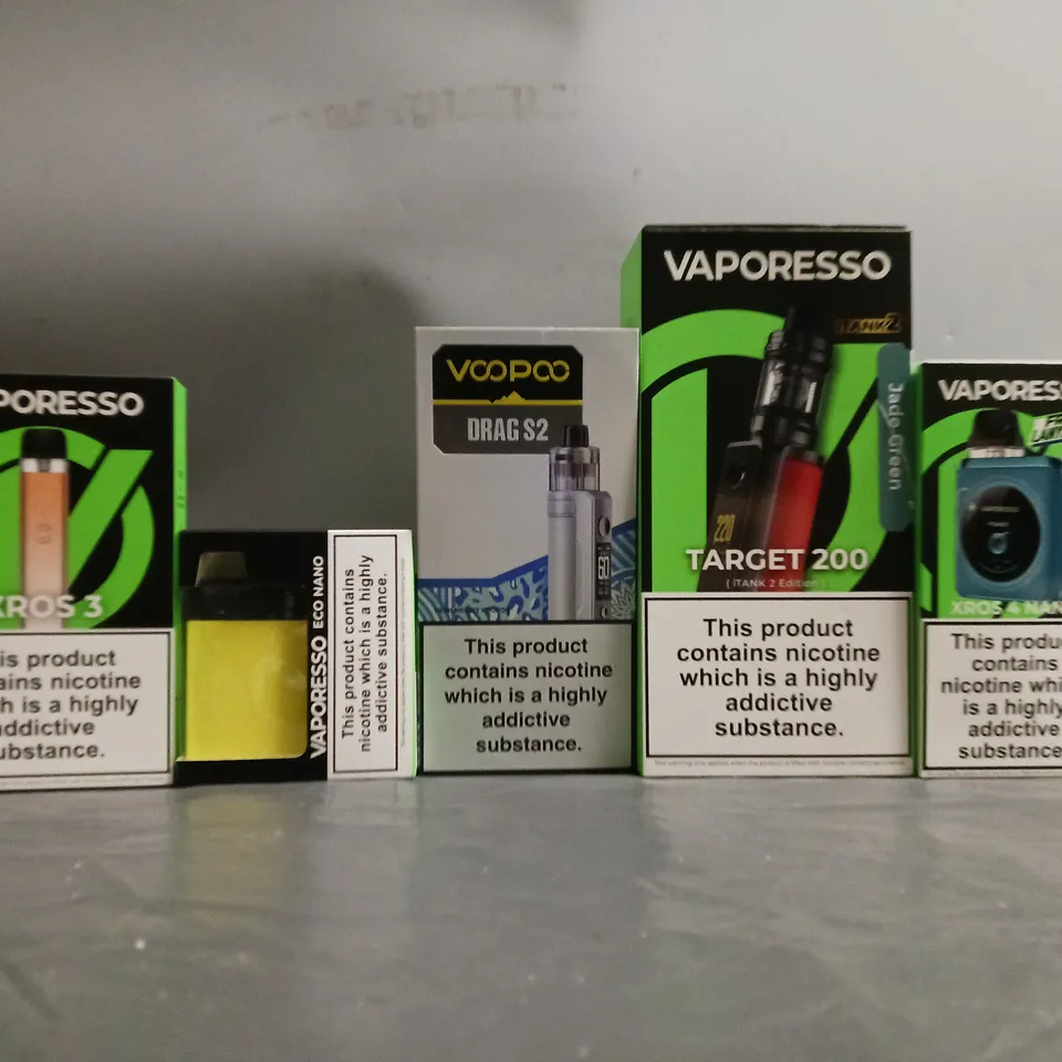 BOX OF APPROXIMATELY 22 ASSORTED E-CIGARETTES TO INCLUDE - VAPORESSO, VOOPOO