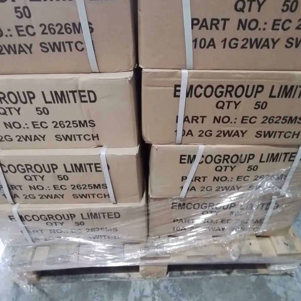 PALLET OF APPROXIMATELY 32 MULTI BOXES OF EMCO 1 GANG 2 WAY 10 AMP SWITCHES & 10A 2G 2 WAY SWITCH - COLLECTION ONLY 