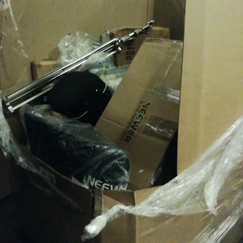 PALLET OF ASSORTED ITEMS INCLUDING, METAL TRIPOD, 30"TOWER FAN HEATER, PORTABLE CLOSET.