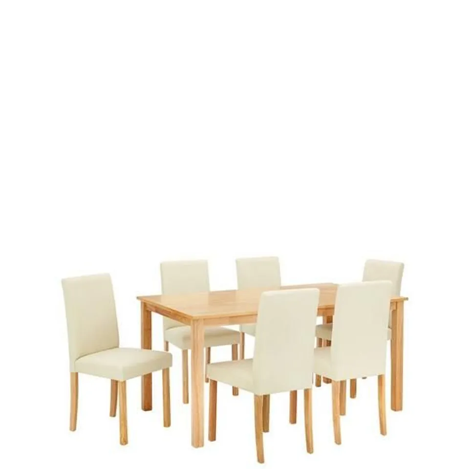 BOXED GRADE 1 NEW PRIMO CREAM/OAK DINING SET OF 150cm TABLE & 6 CHAIRS (3 BOXES)