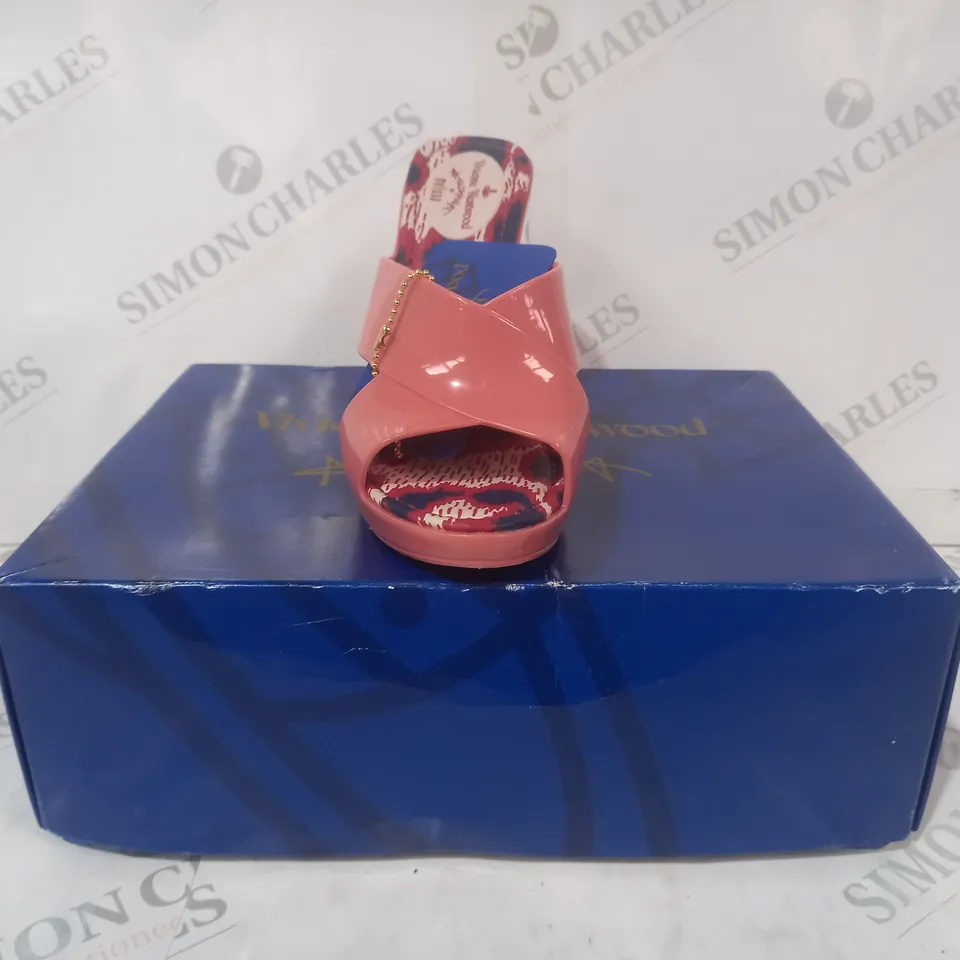 BOXED PAIR OF VIVIENNE WESTWOOD MELISSA OPEN TOE WEDGE SHOES IN PINK EU SIZE 37