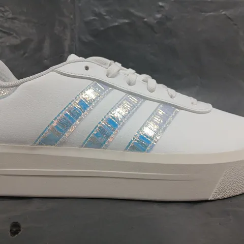 BOXED PAIR OF ADIDAS COURT PLATFORM SHOES IN WHITE/PRISMATIC SIZE UK 5.5