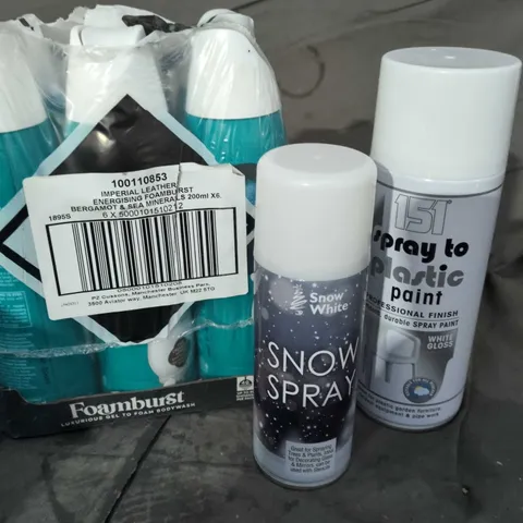 APPROXIMATELY 10 ASSORTED AEROSOLS TO INCLUDE SNOW SPRAY, PLASTIC PAINT, IMPERIAL LEATHER ETC