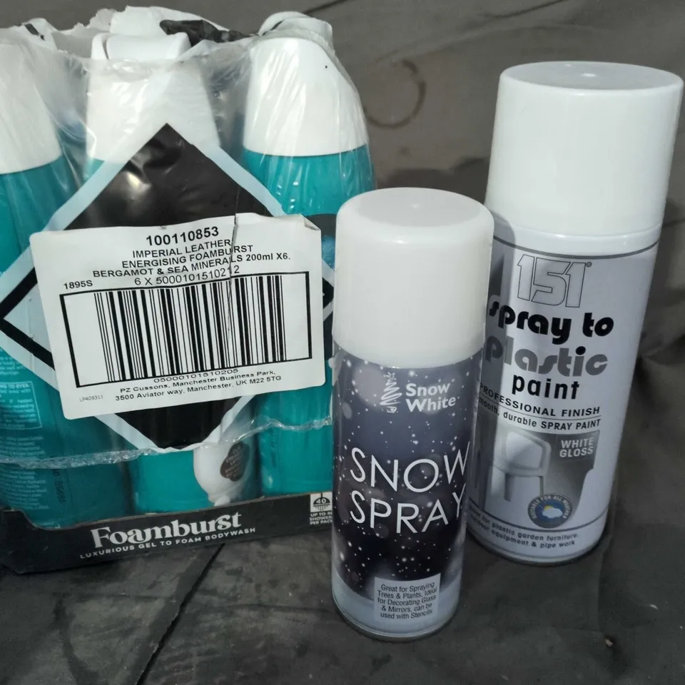 APPROXIMATELY 10 ASSORTED AEROSOLS TO INCLUDE SNOW SPRAY, PLASTIC PAINT, IMPERIAL LEATHER ETC 