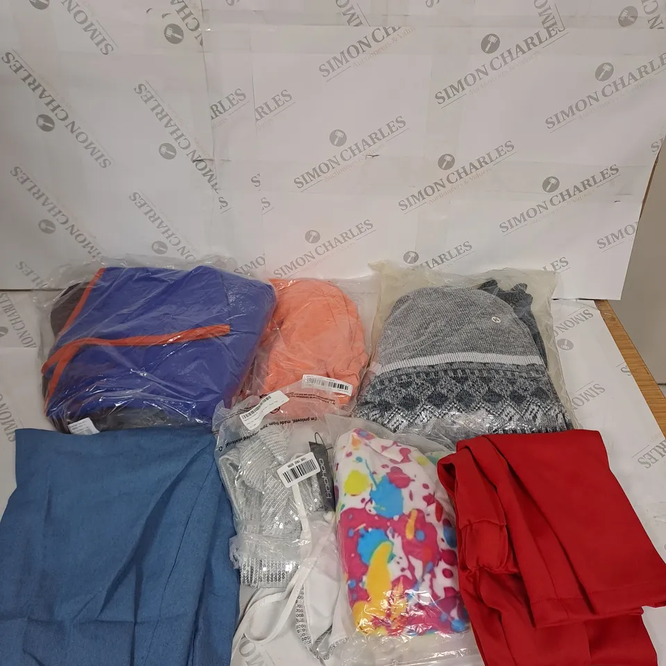 LARGE BOX OF ASSORTED CLOTHING ITEMS IN VARIOUS COLOURS AND SIZES INCLUDING TROUSERS , TOPS AND JUMPERS 