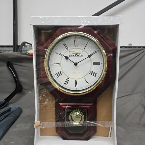 WOODEN STYLE PENDULUM WALL CLOCK WITH ROMAN NUMERALS – BOXED