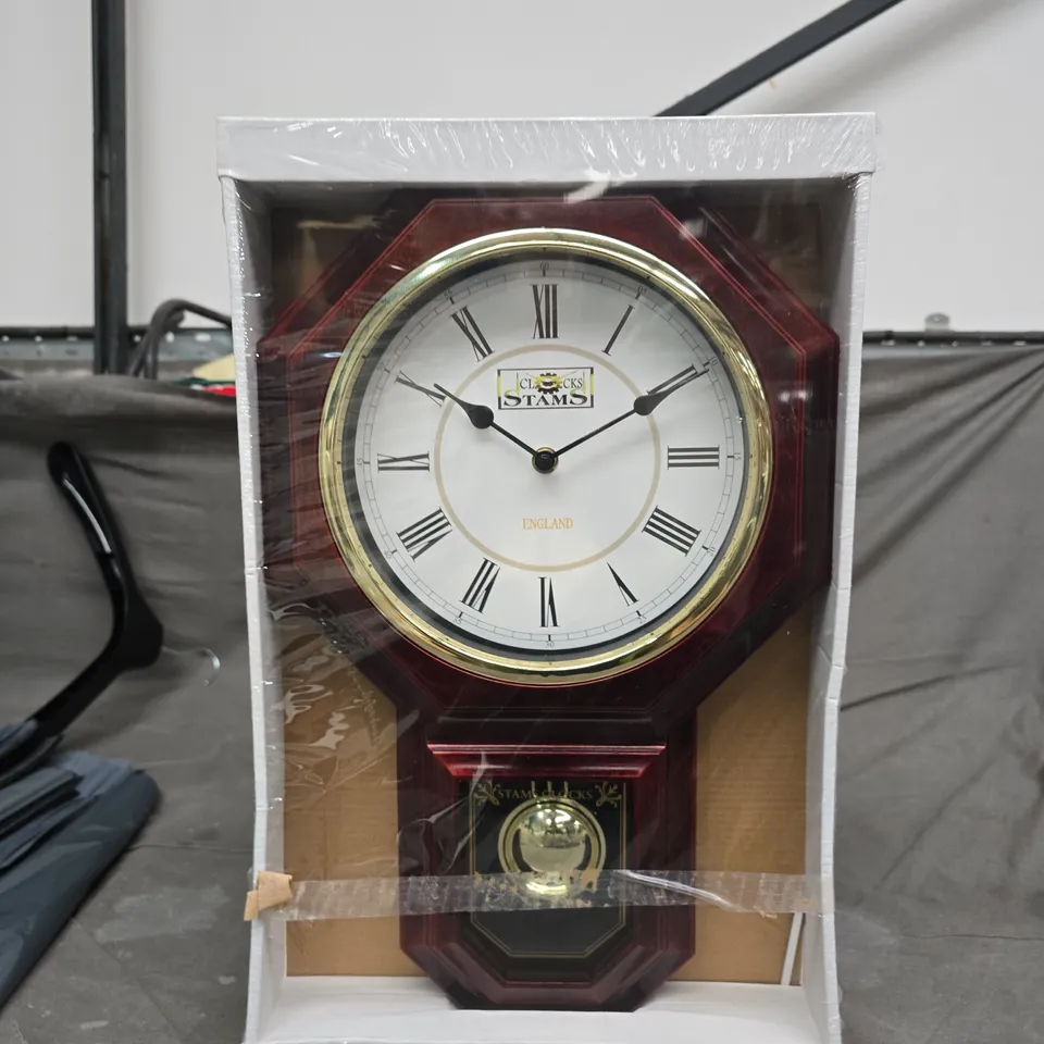WOODEN STYLE PENDULUM WALL CLOCK WITH ROMAN NUMERALS – BOXED