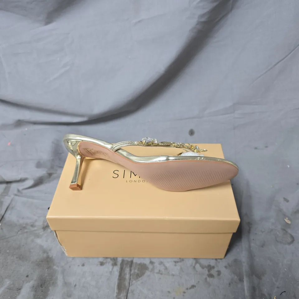SIMMI LONDON METALLIC SANDALS WITH CRYSTAL EMBELLISHMENTS – HEELED SANDALS (UK SIZE 5)