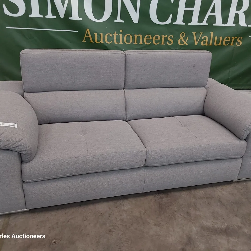 DESIGNER ITALIAN STYLE THREE SEATER SOFA WITH ADJUSTABLE HEADRESTS GREY FABRIC 