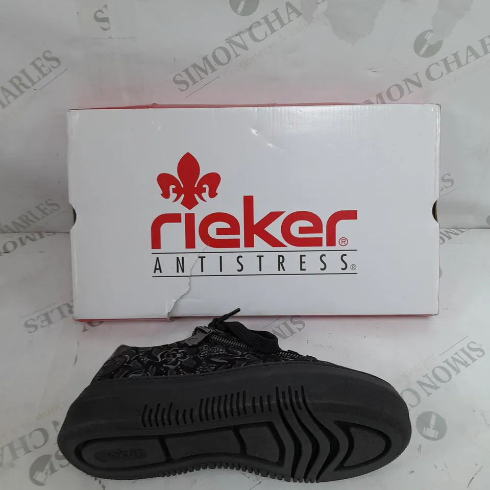 BOXED PAIR OF RIEKER FLORAL TRAINERS IN BLACK SIZE 4