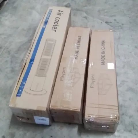 PALLET OF ASSORTED HOUSEHOLD ITEMS AND CONSUMER PRODUCTS TO INCLUDE; AIR COOLER, BABY PLAYPEN, CLOTHES HANGER, BOXED FURNITURE ETC 