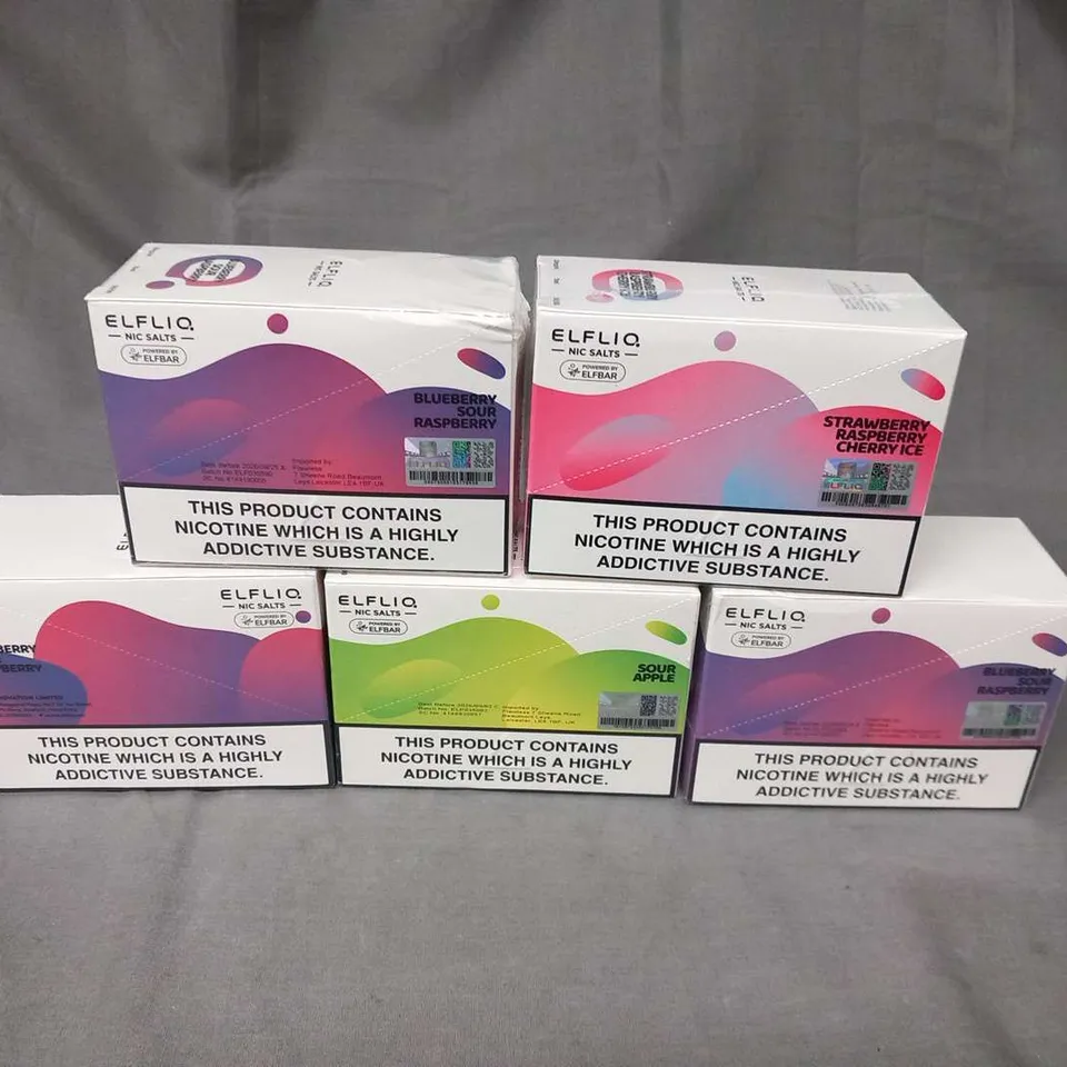 FIVE BOXED AND SEALED PACKS OF 10 ELFLIQ NIC SALTS