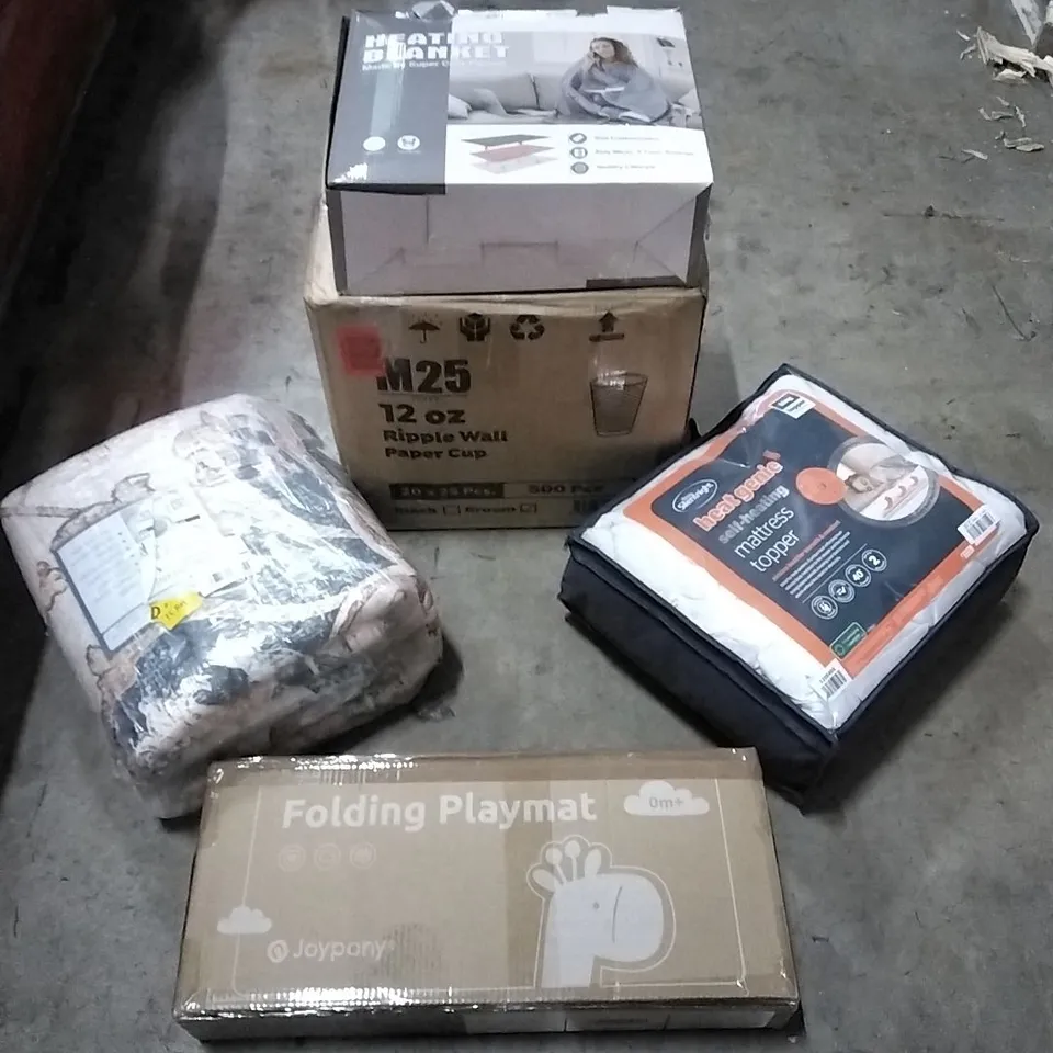 PALLET OF HOUSEHOLD ITEMS TO INCLUDE MATTRESS TOPPER, RUG, HEATED BLANKET,  120Z RIPPLE WALL PAPER CUP AND OTHER ASSORTED ITEMS...