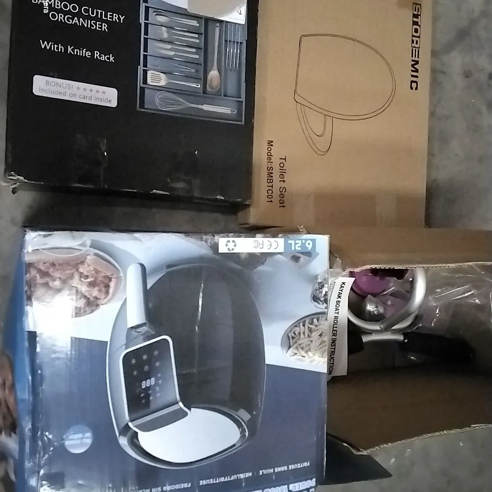 PALLET OF ASSORTED HOUSEHOLD ITEMS TO INCLUDE BAMBOO CUTLERY IRGANISED, AIR FRYER AND BOXED TOILET SEAT