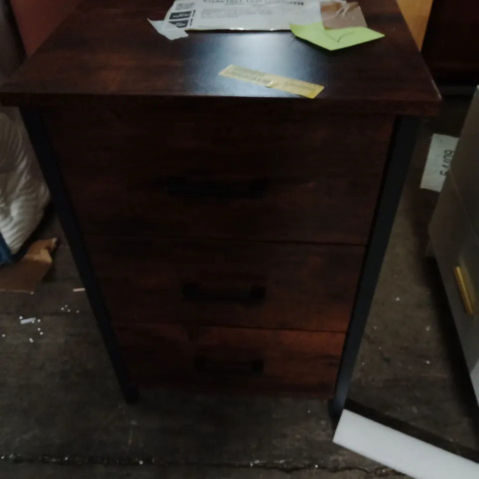 BEDSIDE TABLE WITH 3 DRAWERS - NIGHTSTAND, RUSTIC BROWN & BLACK