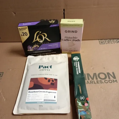 APPROXIMATELY 10 ASSORTED COFFEE ITEMS TO INCLUDE - GRIND, L'OR AND PACT