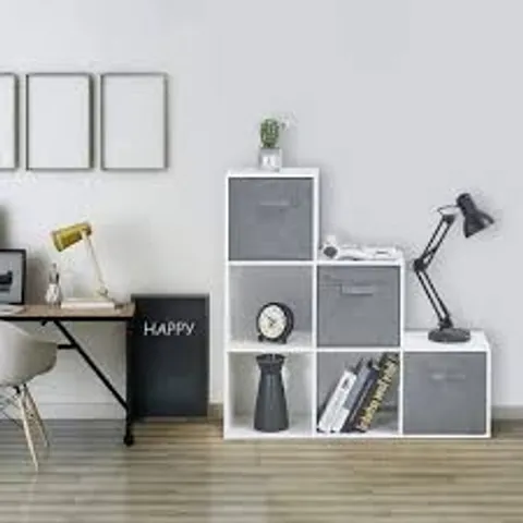 BOXED MEERVEIL STORAGE UNIT, WOODEN BOOKCASE 6-CUBE STEP STYLE WITH 3 STORAGE BOXES