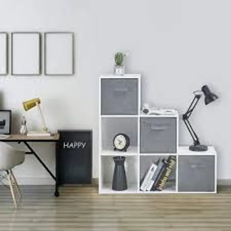BOXED MEERVEIL STORAGE UNIT, WOODEN BOOKCASE 6-CUBE STEP STYLE WITH 3 STORAGE BOXES