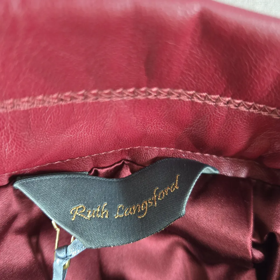 RUTH LANGFORD BURGUNDY LEATHER-LOOK SKIRT, UK 12 – SIDE ZIP
