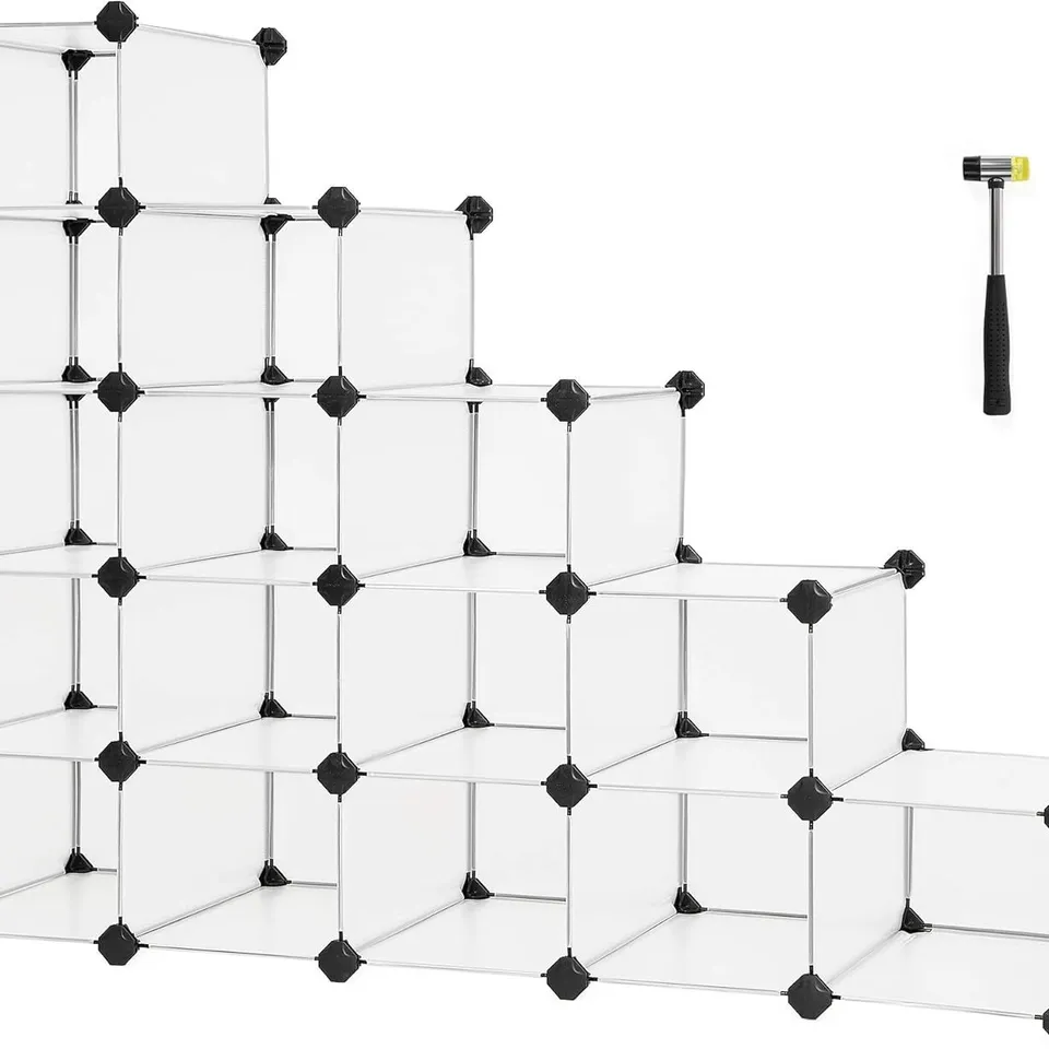 BOXED SONGMICS SHOE RACK, 15-CUBE STORAGE UNIT, DIY SHELVING UNIT, PET PLAYPEN, STORAGE CUBES AND SHELVES FOR BEDROOM, CLOSET, HALLWAY, 30 X 111.2 X 86.2 CM, WHITE