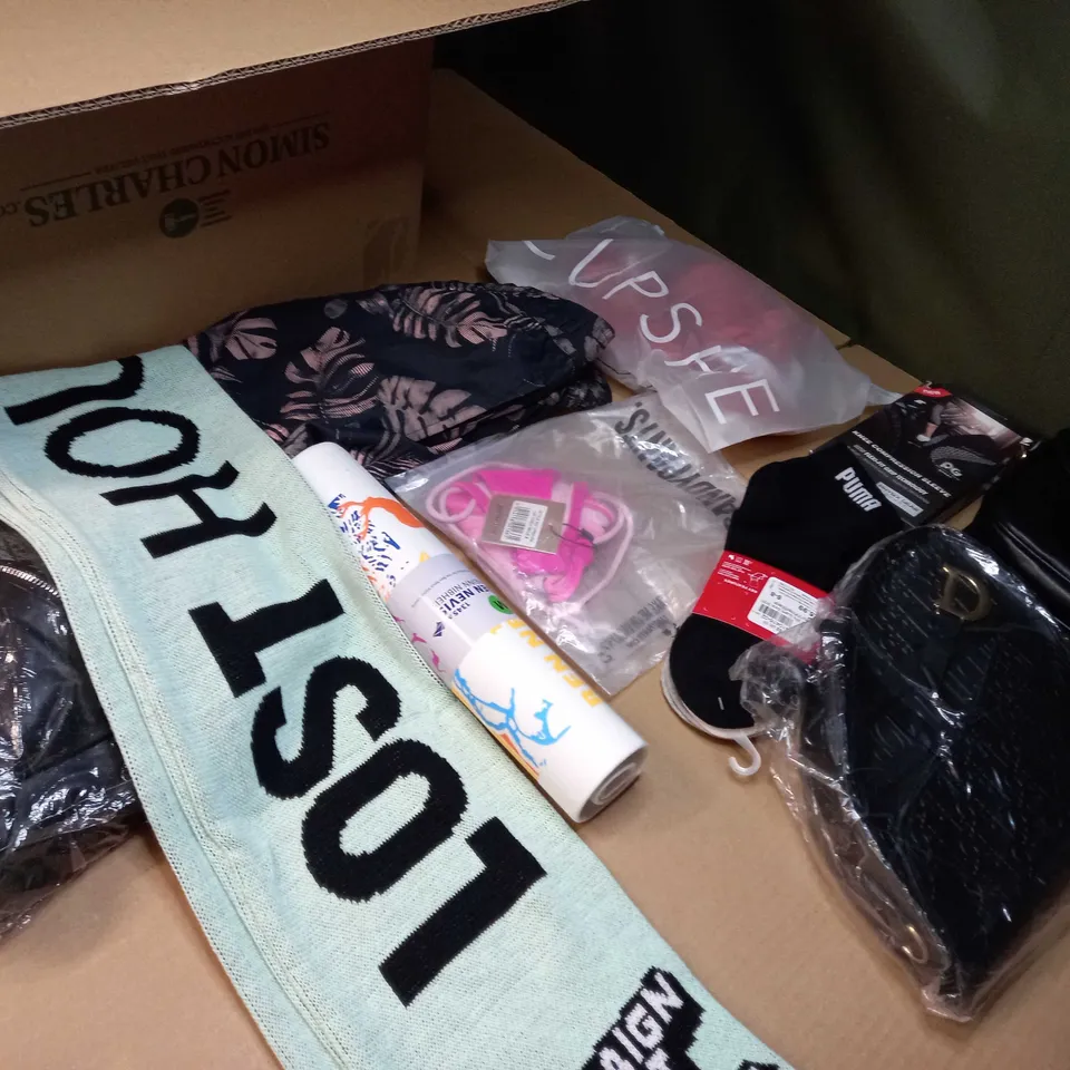 LOT OF APPROX. 15 ASSORTED CLOTHING ACCESSORIES  IN VARYING SIZES/COLOURS/STYLES TO INCLUDE: HANDBAGS, SWIMWEAR, SOCKS